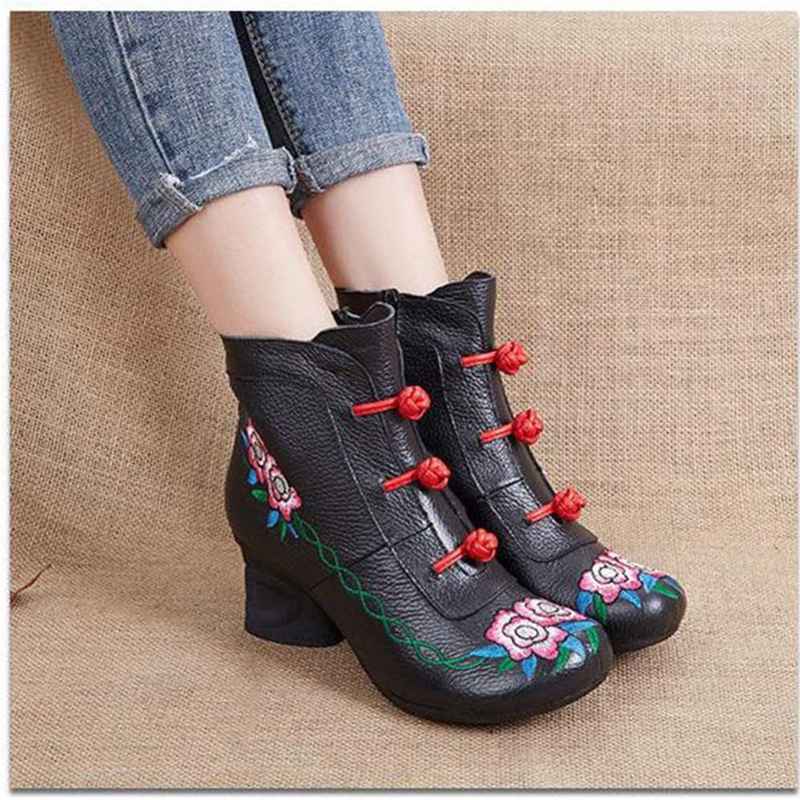 花柄 刺繍 ショートブーツ レディース 丸ヒール ラウンドトゥ ブーティ サイドジッパー 柔らかい 秋ブーツ 5cmヒール エスニック 滑りにくい チャイナブーツ 中華風 チャイナシューズ 美脚 エレ 2