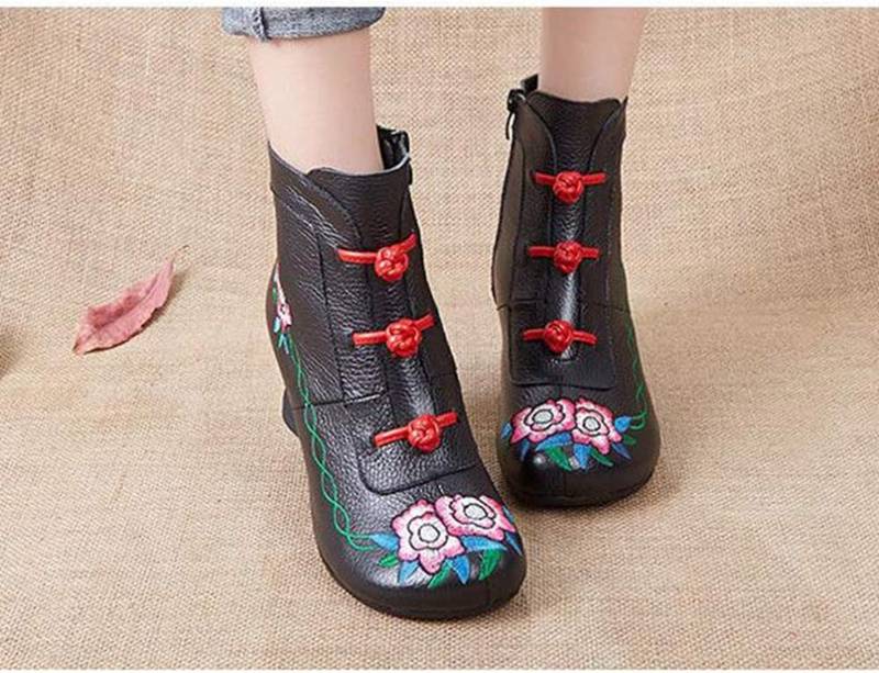 花柄 刺繍 ショートブーツ レディース 丸ヒール ラウンドトゥ ブーティ サイドジッパー 柔らかい 秋ブーツ 5cmヒール エスニック 滑りにくい チャイナブーツ 中華風 チャイナシューズ 美脚 エレ 3