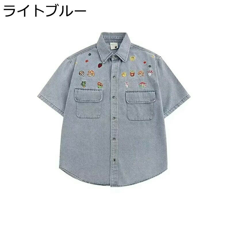 樂天商城 - デニムシャツ 刺繍 メンズ カジュアル 開襟シャツ 夏 半袖シャツ ゆったり トップス 作業服 ストリート系 カッコイイ カーディガン 通気性 ファッション ワークシャツ アウトドア 通勤