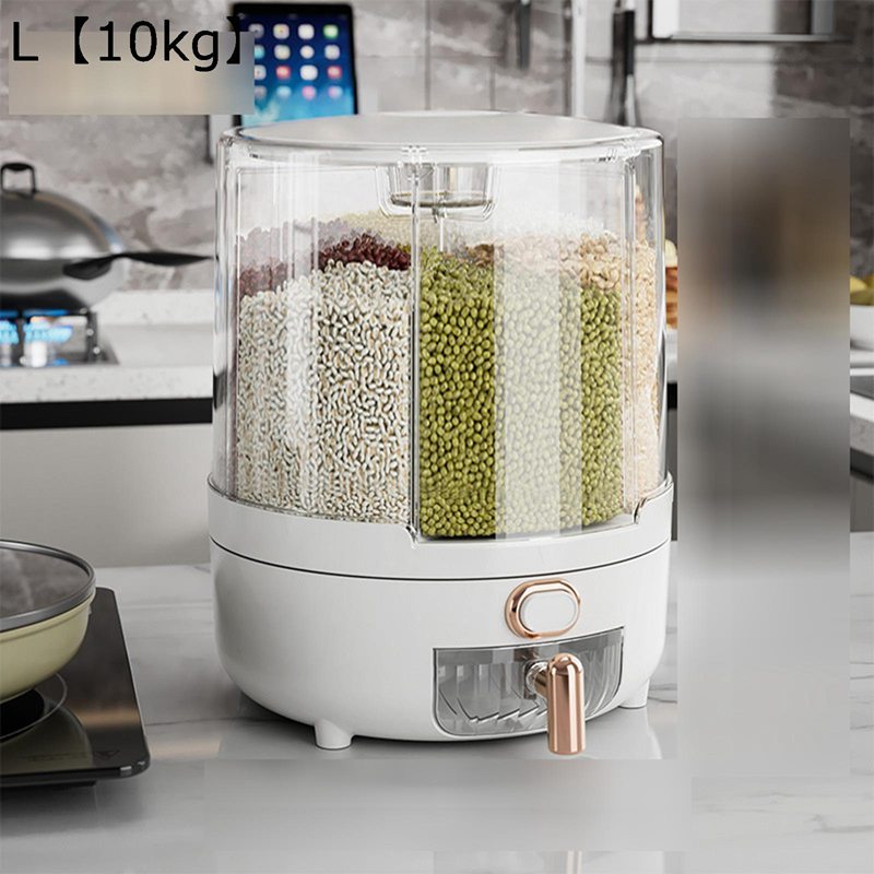 米びつ 6つ仕切り 米入れ 収納 穀物貯蔵容器 密閉容器 食品保存容器 360度回転可能 食品収納容器 6/10kg 大容量 丸形 透明 残量見える 鮮度を保ち 防虫 防塵 防湿 小麦粉 豆 穀物 乾燥食品 多種類食品対応