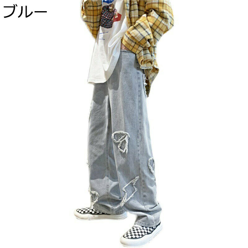 Rakuten - ジーンズ デニムパンツ 袴パンツ ボトムス メンズ ハート ダメージ加工 ゆったり ビッグシルエット 紳士用 スポーツ ファッション 厚手 かっこいい 個性 hip hop 秋用 春秋 U.S. 米海軍 アメリカン