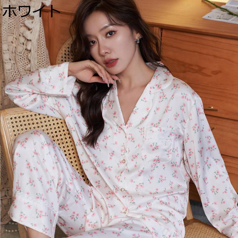 ルームウェアセット 春夏 パジャマ レディース 長袖 長ズボン 上下セット シルク風 花柄 レース 肌触り レーヨン 快適 部屋着 寝巻き 薄手 通気 吸湿 ナイトウェア ゆったり エレガント おしゃれ