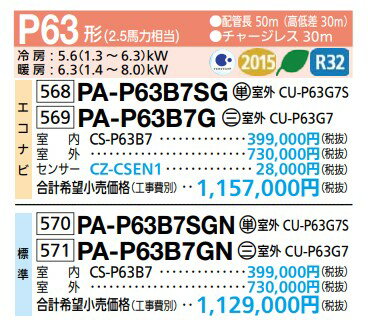 業務用エアコン パナソニック　PA-P63B7SG　床置形 XEPHY Premium エコナビ シングル P63形 2.5馬力 単相200V [♪(^^)] 2