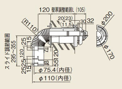 ガス給湯器 部材 リンナイ　TFW-110×75C-300C(K)L　給排気トップ(直排専用) [≦]