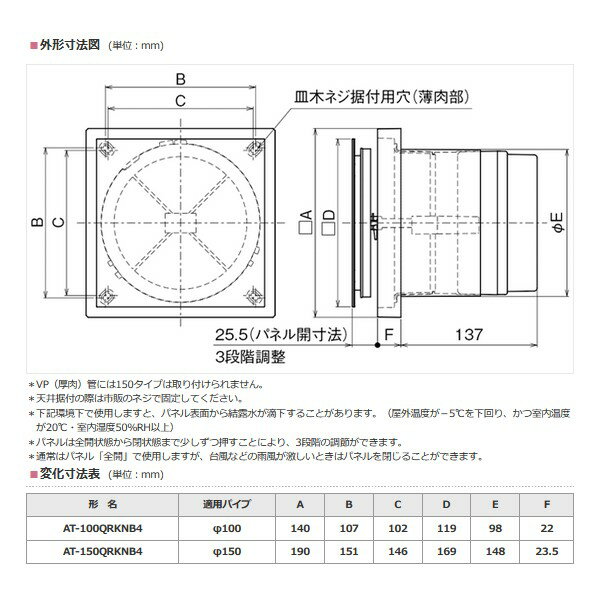 メルコエアテック　AT-100QRKNB4　レジスター(角形・プッシュ式風量調節付・壁／天井据付タイプ・ネットフィルター付・防音タイプ) 適用パイプφ100 [$$] 2