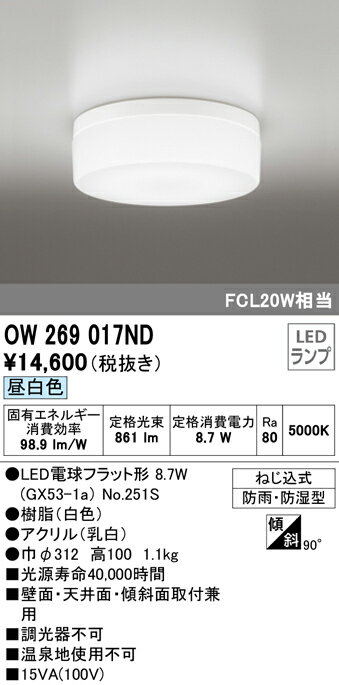 オーデリック　OW269017ND(ランプ別梱包)　バスルームライト LED昼白色 非調光 防湿防雨 ねじ込式 2