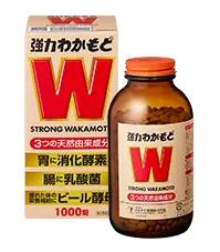 【商品説明】 「強力わかもと」は、消化・整腸・栄養補給の3つの働きをもった胃腸薬です。 ・アスペルギルス・オリゼーNK菌培養末が弱った胃腸の消化を助け、胃のもたれや食欲不振などに効果があります。 ・乳酸菌培養末が、腸内の有害菌を抑えて、おなかの調子を整え、おなかの張りに効果があります。 　また、便通を促し、便を柔らかくすることにより、便秘にも効果があります。 ・2種類の培養末と酵母に含まれているビタミンB群をはじめとする豊富な栄養素が、 　滋養強壮、肉体疲労時の栄養補給などに役立ちます。 ・3つの天然由来成分を主原料とした製品です。 ・お子様からお年寄りの方まで幅広い年齢層の方に服用していただけます。 【効能・効果】 ・胃もたれ、食欲不振、消化不良、消化不良による胃部・腹部膨満感、食べ過ぎ、胸つかえ、消化促進不振などに効果があります。 ・整腸（便通を整える）、軟便、便秘、腹部膨満感 ・滋養強壮、虚弱体質、肉体疲労・病中病後・胃腸障害・栄養障害・発熱性消耗性疾患・産前産後などの場合の栄養補給 【用量・用法】 1日3回、食後に服用してください。 ・食後とは食事のあと30分位までをいいます。 ・水又はぬるま湯で服用してください。 成人（15歳以上）　1回9錠 11歳以上15歳未満　1回6錠 8歳以上11歳未満 　1回5錠 5歳以上8歳未満 　1回3錠 5歳未満 服用しないこと 【成分・分量】 27錠（成人1日量）中 アスペルギルス・オリゼーNK菌（消化酵素産生菌）培養末「小麦を含む」 3375.0mg 乳酸菌培養末「小麦を含む」 675.0mg 乾燥酵母（ビール酵母） 2490.1mg チアミン硝化物（ビタミンB1） 3.4mg リボフラビン（ビタミンB2） 2.0mg ニコチン酸アミド 2.0mg 添加物：沈降炭酸カルシウム ※本剤は天然由来の原料を使用しておりますので、色・におい・味に多少の変動がある場合もありますが、服用に差し支えありません。 【使用上の注意】 1.次の人は服用前に医師又は薬剤師にご相談してください。 （1）医師の治療を受けている人。 （2）本人又は家族がアレルギー体質の人。 （3）薬によりアレルギー症状を起こしたことがある人。 2.次の場合は、直ちに服用を中止し、この文章を持って医師又は薬剤師に相談してください。 （1) 服用後、次の症状があらわれた場合 関係部位：皮ふ 症状：発疹・発赤、かゆみ （2）1カ月位服用しても症状が良くならない場合 【保管及び取扱い上の注意】 (1)直射日光の当たらない湿気の少ない涼しい所に、密栓して保管してください。 なお、瓶入り製品については白色の中栓と橙色のキャップで密栓して保管してください。 分包品については、1包を分割して服用した残りは、袋の口を折り返して保管してください。 (2)小児の手のとどかない所に保管してください。 (3)他の容器に入れ替えないでください。(誤用の原因になったり、品質が変わります) (4)瓶の白色の中栓と橙色のキャップのしめ方が不十分な場合、湿気などの影響で薬が変質することがありますので、 服用のつど白色の中栓と橙色のキャップをよくしめてください。また、ぬれた手で扱わないでください。 (5)使用期限を過ぎた製品は服用しないでください。 (6)一度開封した後は、品質保持の点から用法・用量どおりになるべく早く服用してください。 特に分包品については、品質保持の点から用法・用量どおりに2日以内に服用してください。 【問い合わせ先】 わかもと製薬株式会社「お客様相談室」 電話 03-3279-1221 (直通) 受付時間 月-金曜日9：00-17：30 (祝日を除く) 【製造販売元】 わかもと製薬株式会社 103-8330 東京都中央区日本橋室町1丁目5番3号 【広告文責】 有限会社起福 TEL：072-626-3399文責・登録販売者・木村宜由 【区分】 指定医薬部外品：胃腸薬　　