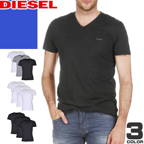 ディーゼル DIESEL Tシャツ 半袖 Vネック 3枚セット メンズ アンダーウェア 肌着 コットン 無地 大きいサイズ ブランド プレゼント 黒 白 ブラッ...