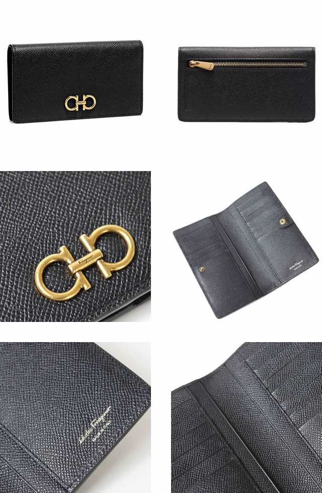 フェラガモ FERRAGAMO 財布 長財布 ガンチーニ レディース 薄い ブランド 本革 革 黒 ブラック GANCINI CONTINENTAL WALLET 22D779 726510