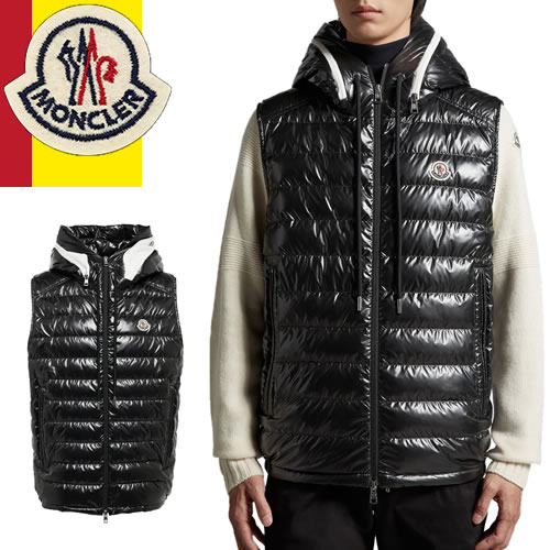 モンクレール MONCLER ダウン ダウンベスト メンズ ロゴ ワッペン フード付き ブランド 大きいサイズ 光沢 黒 ブラック AKAISHI 1A00059 596J9