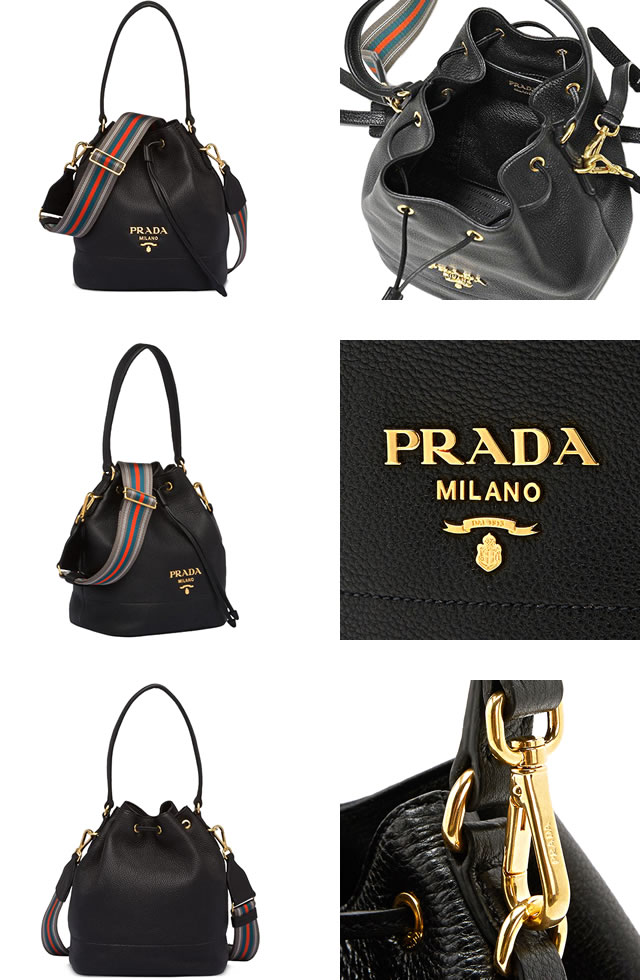 プラダ PRADA バッグ ショルダーバッグ レディース ヴィッテロ ダイノ VITELLO DAINO バケット 巾着 メタルロゴ レザー 革 本革 ブランド 斜めがけ 大人 2way 黒 ブラック 1BE018 2BBE