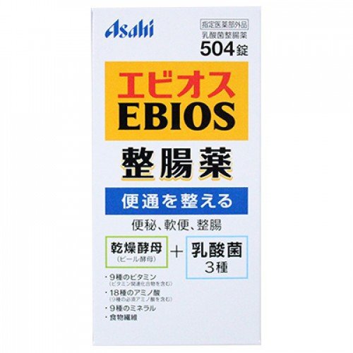 【医薬品の使用期限】 使用期限180日以上の商品を販売しております。 【商品区分】 指定医薬部外品 【剤形】錠剤 【商品特徴】 〇3種類の乳酸菌（ビフィズス菌，フェカリス菌，アシドフィルス菌）が整腸効果を発揮します。 〇乾燥酵母（ビール酵母）には，9種のビタミン（ビタミン関連化合物を含む）、18種のアミノ酸（9種の必須アミノ酸を含む）、9種のミネラル、食物繊維が含まれます。 〇乾燥酵母（ビール酵母）は、乳酸菌の増殖に必要な栄養成分（ビタミンB群，アミノ酸，核酸，食物繊維等）を含んでおり，乳酸菌の発育促進に効果があります。 〇ビタミンB1・B2を配合しています。 〇エビオス整腸薬に配合されている3つの乳酸菌のはたらき 　小腸では「フェカリス菌」「アシドフィルス菌」，大腸ではこれらの他に「ビフィズス菌」が，腸内環境を整える働きをしています。 ・ビフィズス菌：小腸下部から大腸にかけて常在します。乳酸と酢酸をつくり整腸効果を高めます。 ・アシドフィルス菌：主に小腸に常在します。乳酸をつくり，乱れた腸内菌叢を整えます。 ・フェカリス菌：主に小腸に常在します。速やかに増殖して悪玉菌の増殖を抑えます。 ＜このような方におすすめします＞ 〇整腸に 　何となく腸の調子が悪い時，軟便気味になったり，便秘気味になったりする方に。 〇便秘に 　食生活の乱れや環境の変化などで便秘しがちの方に。 〇腹部膨満感に 　生活リズムのくずれなどで，お腹がはったような重苦しい感じの方に。 〇軟便に 　正常便よりも軟らかくどうもお腹の調子が悪いという方に。 【効能・効果】 　整腸（便通を整える），便秘，腹部膨満感，軟便 【使用上の注意】 ■相談すること 1．次の人は服用前に医師、薬剤師又は登録販売者に相談してください。 　医師の治療を受けている人。 2．次の場合は，服用を中止し，この文書をもって医師、薬剤師又は登録販売者に相談してください。 　1ヵ月位服用しても症状の改善がみられない場合。 【用法・用量】 　下記の分量を1日3回，食後に服用してください。 ［年齢：服用量］ 　15歳以上：1回　6錠 　11歳以上?15歳未満：1回　4錠 　8歳以上?11歳未満：1回　3錠 　5歳以上?8歳未満：1回　2錠 　5歳未満の乳幼児：服用しないでください。 【用法関連注意】 （1）定められた用法及び用量を厳守してください。 （2）小児に服用させる場合には，保護者の指導監督のもとに服用させてください。 （3）本剤は，（錠剤をのどにつまらせてはいけませんので）5歳未満の乳幼児に服用させないでください。 【成分・分量】 　本剤は18錠（15歳以上の成人1日量）中に次の成分を含んでいます。 　成分 分量 　ビフィズス菌 40mg 　ラクトミン(フェカリス菌) 40mg 　ラクトミン(アシドフィルス菌) 40mg 　乾燥酵母 2025mg 　チアミン硝化物（硝酸チアミン） 1.125mg 　リボフラビン（ビタミンB2） 2.25mg ●添加物 　乳糖水和物，ステアリン酸マグネシウム，無水ケイ酸 【保管及び取扱い上の注意】 （1）直射日光の当たらない，湿気の少ない涼しい所に密栓して保管してください。特に高温な所（例えばガスストーブ，ガスレンジ周辺）での保管は結露発生防止のためおさけください。 （2）小児の手のとどかない所に保管してください。 （3）誤用をさけ，品質を保持するために，他の容器に入れ替えないでください。 （4）ビンのキャップのしめ方が不十分な場合，湿気などにより品質に影響を与える場合がありますので，服用のつどキャップをよくしめてください。 （5）本剤は，水濡れにより褐色に変化しますので水滴をおとしたり濡れた手で触れないようご注意ください。 （6）使用期限をすぎた製品は服用しないでください。 （7）ビンの中の詰め物は，開栓後は捨ててください。 （8）本剤の容器はガラス製ですので，取扱いにご注意ください。 【原産国】 日本 【お問い合わせ先】 アサヒグループ食品株式会社「お客様相談室」 〒150-0022　東京都渋谷区恵比寿南2-4-1 フリーダイヤル0120-630611 受付時間：10：00?17：00（土・日・祝日を除く） 【広告文責】 株式会社マイドラ 東京都足立区千住河原町27-3竹林ビル101 登録販売者：林　叔明 電話: 03-3882-7477 【ご注意】 ●リニューアル等により、パッケージデザインは予告なく変更されることがあります。お届けの商品と異なる場合がございますのでご了承ください。 ●メーカーが告知なしに成分等を変更することがごくまれにあります。実際お届けの商品とサイト上の表記が異なる場合がありますので、ご使用前には必ずお届けの商品ラベルや注意書きをご確認ください。さらに詳細な商品情報が必要な場合は、メーカーにお問い合わせください。 ●メーカー販売中止等により、ご注文の商品をご用意できない場合がございます。その際はメールでご連絡をいたします。ご了承ください。 ●商品によってはお取り寄せになる場合があり、発送までお時間を頂く事がございます。その際はメールにてお知らせいたします。ご了承ください。