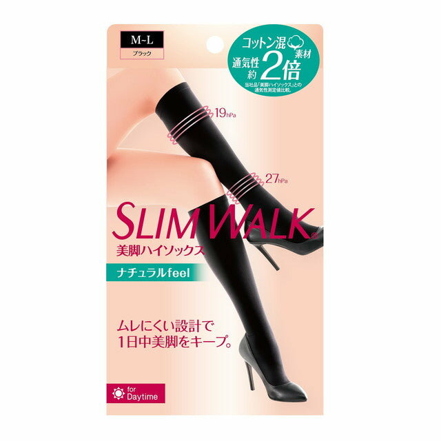 【スリムウォーク 美脚ハイソックス ナチュラルfeel M-Lの商品詳細】 ●美脚リフト構造(足首27hPa、ふくらはぎ19hPa)。 ●ナチュラルな風合いのコットン混素材で快適なはきごこち。 ●空気がとおりやすいメッシュ状の「エアスルー編み」を採用。約2倍※の通気性。 ※メーカー品「美脚ソックス」との通気性測定値比較。 ●跡のこりがしにくい(くちゴム裏プレーン編み)。 ●先端シームレスでスッキリ。足先・かかと部消臭繊維使用。 ●カラー：ブラック ●タイプ：ソックスタイプ、おそと用 【規格概要】 M-Lサイズ：ふくらはぎ36-42cm、足首21-25cm、足サイズ23-25cm 【ブランド】 スリムウォーク 【発売元、製造元、輸入元又は販売元】 ピップ 広告文責 株式会社マイドラ 登録販売者：林　叔明 電話番号：03-3882-7477 ※パッケージデザイン等、予告なく変更されることがあります。ご了承ください。