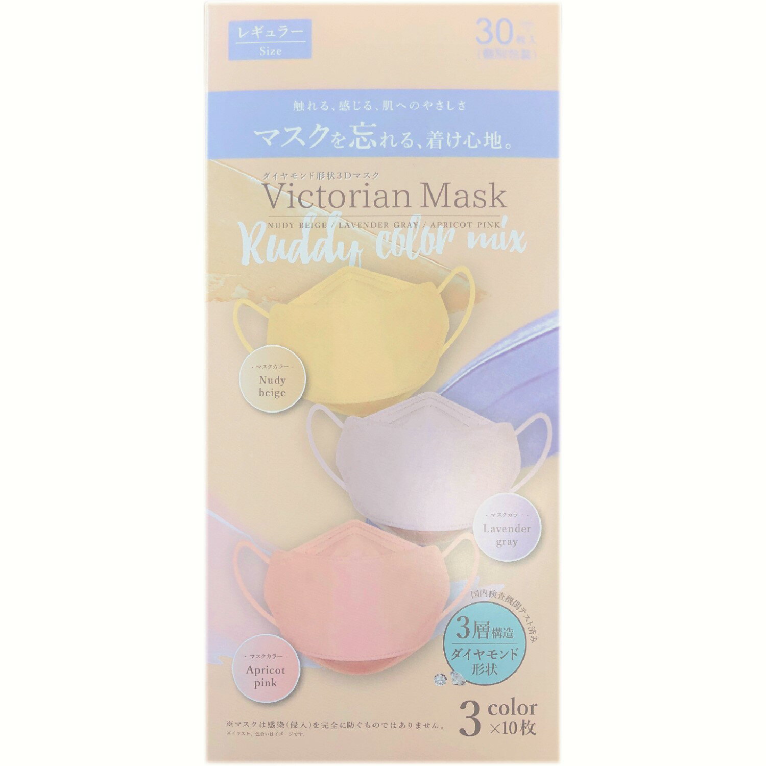 Victorian Mask ヴィクトリアンマスク3色アソート箱クラッシ30枚（ヌーディベージュ ラベンダーグレー アプリコットピンク）マスク レディース メンズ ウイルス 衛生用 抗菌 ますく 耳が痛くならない 無地 やわらか 柔らかい ゆったり 快適