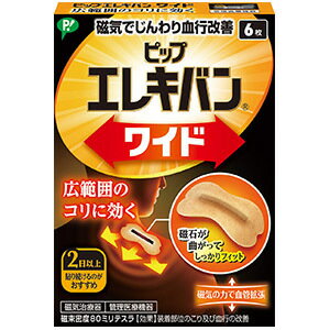 【ピップ エレキバン ワイド 6枚の商品詳細】 ●長さ25mmの棒磁石が広範囲のコリに効きます。 ●ゴムのように柔軟性のある磁石なので、身体に沿ってぴったりフィットします。 ●緊張や疲労が蓄積することによって起こるコリを、緊張をといてほぐし...