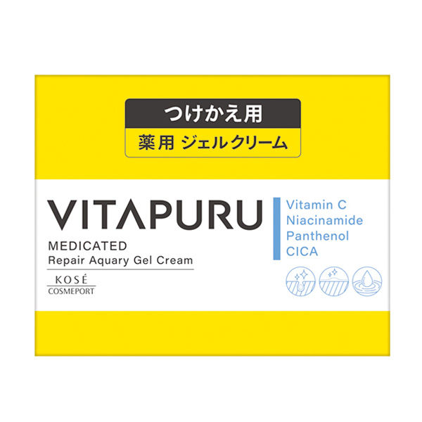 【ビタプル リペア アクアリージェルクリーム つけかえの商品詳細】 ●みずみずしいのにうるおいをしっかりキープ。 ●肌になじませる圧力でカプセルがはじけ、みずみずしい使用感にチェンジするジェルクリーム。 ●ビタミンC誘導体、美肌プロバイオCPX(乳酸菌(美肌菌培養)エキス・セラミド類似・CICA・カレンデュラエキスの総称)配合。 ●みずみずしいジェルを実現するため密封性の高い容器採用。 【販売名】ビタプル ジェルクリーム 【使用方法】 ・化粧水で肌をととのえたあと、適量(パール粒2〜3個程度)をとり、肌にやさしくなじませます。 ・乾燥が気になる時は、パック使用もできます。適量を肌になじませた後、さらにパール粒3個分を顔全体に広げ、約3分放置し、軽くなじませてください。 【成分】 L-アスコルビン酸 2-グルコシド※、グリチルリチン酸ジカリウム※、精製水、1.3-ブチレングリコール、メチルポリシロキサン、トリ 2-エチルヘキサン酸グリセリル、ジグリセリン、PEG-9 ポリジメチルシロキシエチル ジメチコン、D-パントテニルアルコール、d-δ-トコフェロール、セイヨウナシ果汁発酵液、トウキンセンカエキス、ニコチン酸アミド、塩酸ピリドキシン、水溶性ツボクサエキス、エデト酸二ナトリウム、グリセリル-N-(2-メタクリロイルオキシエチル)カルバメート、メタクリル酸ステアリル共重合体、リン酸一水素ナトリウム、リン酸二水素ナトリウム、塩化ナトリウム、水酸化ナトリウム、濃グリセリン、フェノキシエタノール、カラメル ※;有効成分 無印;その他の成分 【注意事項】 ・お肌に異常が生じていないかよく注意して使用してください。 ・傷やはれもの・湿しん等、お肌に異常のあるときはお使いにならないでください。 ・使用中、赤味・はれ・かゆみ・刺激、色抜け(白斑等)や黒ずみ等の異常があらわれた場合は、使用を中止し、皮ふ科専門医等へご相談ください。 ・そのまま使用を続けますと症状が悪化することがあります。 ・目に入ったときは、すぐに洗い流してください。 【原産国】 日本 【発売元、製造元、輸入元又は販売元】 コーセーコスメポート 広告文責 株式会社マイドラ 登録販売者：林　叔明 電話番号：03-3882-7477 ※パッケージデザイン等、予告なく変更されることがあります。ご了承ください。