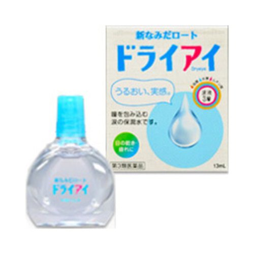 【第3類医薬品】新なみだロートドライアイ 13mL 商品名 【第3類医薬品】新なみだロートドライアイ 13mL 内容量 13ml 商品説明 うるおい、実感。涙は単なる水分ではなく、油層・水層・ムチン層の3層で形成されています。 油層は涙の蒸発を防ぎ、水層は酸素や栄養を多く含み、ムチン層は涙を目の表面にとどめる役割を持っています。 「新なみだロートドライアイ」は、この涙液の3層構造にアプローチした乾きに効果的な目薬です。 成分 コンドロイチン硫酸エステルナトリウム(角膜保護成分)0.5% ヒプロメロース0.2% 塩化カリウム0.15% 塩化ナトリウム0.4% 塩化カルシウム水和物0.015% 硫酸マグネシウム水和物0.01% 添加物として、ヒアルロン酸Na、ゴマ油、ホウ酸、ホウ砂、l-メントール、ポリオキシエチレンポリオキシプロピレングリコール、ポリオキシエチレンヒマシ油、 ポリオキシエチレン硬化ヒマシ油、エデト酸Na、塩酸ポリヘキサニド、pH調節剤を含有します。 効能 効果 涙液の補助(目のかわき)、目の疲れ、目のかすみ(目やにの多いときなど)、ハードコンタクトレンズを装着しているときの不快感 使用方法 1回1?3滴、1日5?6回点眼してください。 次の注意事項をお守りください (1)過度に使用すると、異常なまぶしさを感じたり、かえって充血を招くことがあります。 (2)小児に使用させる場合には、保護者の指導監督のもとに使用させてください。 (3)容器の先を、目やまぶた、まつ毛に触れさせないでください(目やにや雑菌などの混入のため、薬液が汚染または混濁することがあります)。また、混濁したものは使用しないでください。 (4)ソフトコンタクトレンズを装着したまま使用しないでください。 (5)点眼用にのみ使用してください。 保管及び取扱上注意事項 ■保管及び取扱い上の注意 1.直射日光の当たらない涼しい所に密栓して保管して下さい。製品の品質を保持するため、自動車の中や暖房器具の近くなど高温となる場所に放置しないでください。また、高温となる場所に放置したものは、容器が変形して薬液が漏れたり薬液の品質が劣化しているおそれがありますので、使用しないでください。 2.小児の手の届かない所に保管してください。 3.他の容器に入れ替えないでください。 （誤用の原因になったり品質が変わることがあります。） 4.他の人と共用しないでください。 5.使用期限をすぎた製品は使用しないでください。また、使用期限内であっても、開封後は出来るだけ速やかに使用してください。 6.保存の状態によっては、成分の結晶が容器の点眼口周囲やキャップの内側に黄色くつくことがあります。その場合には清潔なガーゼで軽くふき取って使用してください。 ◆本品記載の使用法・使用上の注意をよくお読みの上ご使用下さい。 ご注意 相談すること 1.次の人は使用前に医師、薬剤師または登録販売者にご相談ください。 (1)医師の治療を受けている人 (2)薬などによりアレルギー症状を起こしたことがある人 (3)次の症状のある人 はげしい目の痛み (4)次の診断を受けた人 緑内障 2.使用後、次の症状があらわれた場合は副作用の可能性があるので、直ちに使用を中止し、この文書を持って医師、薬剤師または登録販売者にご相談ください。 〔関係部位〕 〔症 状〕 皮 ふ : 発疹・発赤、かゆみ 目 : 充血、かゆみ、はれ、しみて痛い 3.次の場合は使用を中止し、この文書を持って医師、薬剤師または登録販売者にご相談ください。 (1)目のかすみが改善されない場合 (2)2週間使用しても症状がよくならない場合 原産国 日本 商品区分 第3類医薬品 販売元 【発売元】ロート製薬株式会社 広告文責 株式会社マイドラ 登録販売者:林　叔明 電話: 03-3882-7477 【使用期限】 使用期限まで180日以上あるものをお送りします。