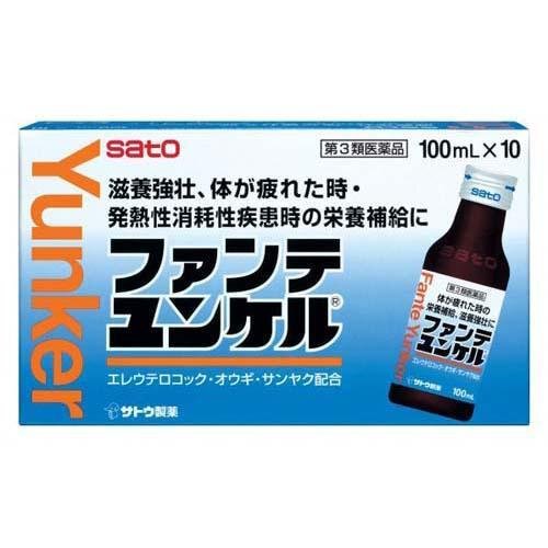 【医薬品の使用期限】 使用期限180日以上の商品を販売しております 商品区分：第三類医薬品 【ファンテユンケルの商品詳細】 ●エレウテロコック、オウギ、サンヤクの3種類の生薬に各種ビタミンを配合しています。 ●男性から女性まで飲みやすい、すっきりとしたピーチ味です。 【効能 効果】 ・滋養強壮 ・虚弱体質 ・肉体疲労・病中病後・食欲不振・栄養障害・発熱性消耗性疾患・妊娠授乳期などの場合の栄養補給 【用法 用量】 成人(15才以上)1日1回1本(100mL)を服用します。 ※定められた用法・用量をお守りください。 製造販売元 佐藤製薬株式会社 東京都港区元赤坂1丁目5番27号 お問い合わせ先：03(5412)7393 【成分】 (1本(100mL)中) オウギ流エキス：300mg エゾウコギ流エキス(エレウテロコック流エキス)：200mg サンヤク流エキス：80mg リボフラビンリン酸エステルナトリウム：5mg ピリドキシン塩酸塩：30mg ニコチン酸アミド：20mg 無水カフェイン：50mg タウリン：1000mg カルニチン塩化物：50mg 添加物として、白糖、dL-リンゴ酸、安息香酸ナトリウム、パラベン、ポリオキシエチレンポリオキシプロピレングリコール、香料(バニリン、エチルバニリン、プロピレングリコール、グリセリン、L-メントール、安息香酸ベンジルを含む)、pH調整剤、アルコール(0.7mL以下)を含有します。 ・本剤はリボフラビンリン酸エステルナトリウムを含有するため、本剤の服用により、尿が黄色くなることがあります。 【注意事項】 ★相談すること 1.服用後、次の症状があらわれた場合は副作用の可能性がありますので、直ちに服用を中止し、本品を持って医師、薬剤師又は登録販売者にご相談ください 皮膚：発疹・発赤、かゆみ 2.しばらく服用しても症状がよくならない場合は服用を中止し、本品を持って医師、薬剤師又は登録販売者にご相談ください ★保管及び取扱い上の注意 ・直射日光の当らない湿気の少ない涼しい所に保管してください。 ・小児の手の届かない所に保管してください。 ・他の容器に入れ替えないでください。(誤用の原因になったり品質が変わる恐れがあります) ・使用期限をすぎた製品は、服用しないでください。 【原産国】 日本 【ブランド】 ユンケル 【発売元、製造元、輸入元又は販売元】 佐藤製薬 予告なしパッケージが変更される場合がございます。 ご了承ください。 広告文責 株式会社マイドラ 登録販売者：林　叔明 電話: 03-3882-7477