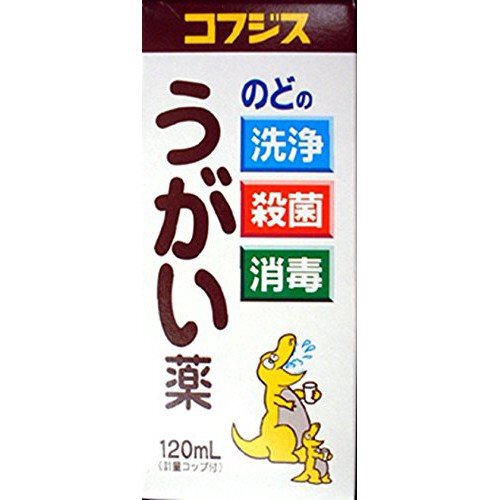 コフジスうがい薬は、さまざまな細菌・真菌・ウイルスなどの微生物に対して殺菌作用をもった「ポビドンヨード」を有効成分とする製剤で、のどの殺菌・消毒・洗浄ならびに口臭を除去することができるうがい薬です。 「特徴」 ・コフジスうがい薬は、口腔内のさまざまな細菌に対し強い殺菌作用があります。 ・コフジスうがい薬によるうがいは、口腔内の細菌も洗浄し、細菌に侵された患部を消毒します。 ・コフジスうがい薬は、口臭や口内の不快感をとり去ります。 ・コフジスうがい薬は、口内の粘膜を刺激せず、使用後はさわやかです。 ■使用上の注意 ・してはいけないこと (守らないと現在の症状が悪化したり、副作用が起こりやすくなります) 1. 次の人は使用しないでください 　本剤又は本剤の成分によりアレルギー症状を起こしたことがある人。 ・相談すること 1. 次の人は使用前に医師、歯科医師、薬剤師又は登録販売者に相談してください (1)薬などによりアレルギー症状を起こしたことがある人。 (2)次の症状のある人。 　口内のひどいただれ (3)次の診断を受けた人。 　甲状腺機能障害 2. 使用後、次の症状があらわれた場合は副作用の可能性があるので、直ちに使用を中止し、この文書を持って、医師、歯科医師、薬剤師又は登録販売者に相談してください 　関係部位：症状 皮膚(ふ)：発疹・発赤、かゆみ 口：あれ、しみる、灼熱感、刺激感 消化器：吐き気 その他：不快感 ※まれに次の重篤な症状が起こることがあります。その場合は直ちに医師の診療を受けてください。 　症状の名称：症状 ショック(アナフィラキシー)：服用後すぐに、皮膚のかゆみ、じんましん、声のかすれ、くしゃみ、のどのかゆみ、息苦しさ、動悸、意識の混濁等があらわれる。 3. 5?6日間使用しても症状がよくならない場合は使用を中止し、この文書を持って医師、歯科医師、薬剤師又は登録販売者に相談してください ■効能・効果 口腔内及びのどの殺菌・消毒・洗浄、口臭の除去 ■用法・用量 1回、本剤2?4mLを水約60mLにうすめて、1日数回うがいしてください。 ＜用法・用量に関連する注意＞ (1) 用法及び用量を厳守してください。 (2) 小児に使用させる場合には、保護者の指導監督のもとに使用させてください。うがい液をはきだせない年齢の小児には使用させないでください。 (3) うがい用にのみ使用し、内服しないでください。 (4) 本剤は使用する時にのみ希釈し、うすめた液は、早めに使用してください。 (5) 使用法 「うがいの仕方」 キャップをあけて容器をさかさに持ち、指でゆっくり押して本剤2?4mL(添付の計量コップを斜めにして、2?4目盛)をとり、約60mL(計量コップを水平にもどし60目盛)の水でうすめて、ていねいにうがいしてください。 ■成分・分量 　成分：分量：内訳 (1mL中) ポビドンヨード：70mg：(有効ヨウ素 7mg) 添加物：ヨウ化カリウム、l-メントール、D-ソルビトール液、サッカリンナトリウム水和物、グリセリン、アルコール ■保管及び取扱いの注意 (1)直射日光の当たらない涼しい所に密栓して保管してください。 (2)小児の手のとどかない所に保管してください。 (3)誤用をさけ品質を保持するため、他の容器に入れ替えないでください。 (4)薬液が衣類に付着した時は、すぐに水または洗剤で洗ってください。落ちにくい場合にはチオ硫酸ナトリウム(ハイポ)で洗ってください。 (5)使用期限をすぎた製品は使用しないでください。 (6)添付の目盛り付きコップはご使用のつど、水洗いなどして常に清潔に保管してください。 【原産国】 　日本 【問い合わせ先】 会社名：福地製薬株式会社「消費者相談窓口」 電話：0748-52-2323 受付時間：9：00?17：00 (土・日・祝日を除く) 【製造販売元】 会社名：福地製薬株式会社 住所：滋賀県蒲生郡日野町寺尻824 【商品区分】 「第3類医薬品」 【文責者名】 株式会社マイドラ　 林　叔明(登録販売者) 電話: 03-3882-7477 受付時間：月?金 10：00?18：00 (土日祝祭日は除く) ※パッケージデザイン等、予告なく変更されることがあります。ご了承ください。