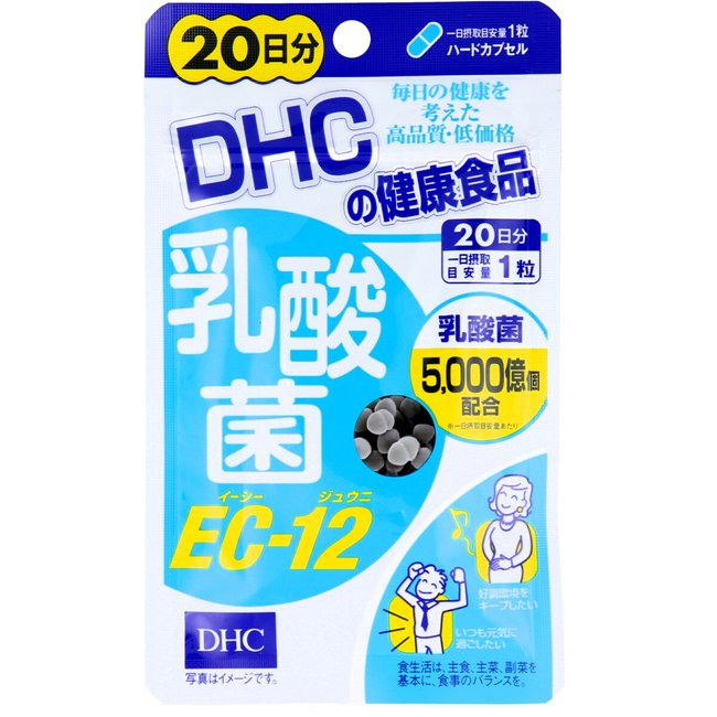 【DHC 乳酸菌EC-12 20日分の商品詳細】 ●すこやかな毎日をサポートする善玉菌。DHCの「乳酸菌EC-12」は、善玉菌のひとつである乳酸菌、エンテロコッカスフェカリス菌のパワーをひきだしたEC-12を1日目安量あたり5000億個以上配合。さらにすこやかな環境をバックアップするラクチュロースとラクトフェリンを加えました。 ●1日1粒目安です。 【召し上がり方】 ・1日の1粒を目安に水またはぬるま湯でお召し上がりください。 ・1日分の目安量を守り、水またはぬるま湯でお召し上がりください。 【成分】 乳酸菌末(殺菌乳酸菌体、デキストリン)、ラクチュロース(乳成分を含む)／ゼラチン、セルロース、ビタミンC、酸化防止剤(ビタミンE)、ラクトフェリン、ビタミンB1、ビタミンB2、着色料(カラメル、酸化チタン)、微粒二酸化ケイ素 【栄養成分】 (1日あたり：1粒229mg) 熱量・・・0.9kcal たんぱく質・・・0.12g 脂質・・・0.01g 炭水化物・・・0.08g 食塩相当量・・・0.002g ビタミンC・・・10mg ビタミンB1・・・2.0mg ビタミンB2・・・2.0mg 【注意事項】 ・お身体に異常を感じた場合は、飲用を中止してください。 ・原材料をご確認の上、食物アレルギーのある方はお召し上がりにならないでください。 ・薬を服用中あるいは通院中の方、妊娠中の方は、お医者様にご相談の上お召し上がりください。 ・お子様の手の届かないところで保管してください。 ・開封後はしっかり開封口を閉め、なるべく早くお召し上がりください。 【原産国】 日本 【ブランド】 DHC サプリメント 【発売元、製造元、輸入元又は販売元】 DHC 健康食品相談室 DHC 健康食品相談室 106-8571 東京都港区南麻布2-7-1 0120-575-368 広告文責 株式会社マイドラ 登録販売者：林　叔明 電話番号：03-3882-7477 ※パッケージデザイン等、予告なく変更されることがあります。ご了承ください。
