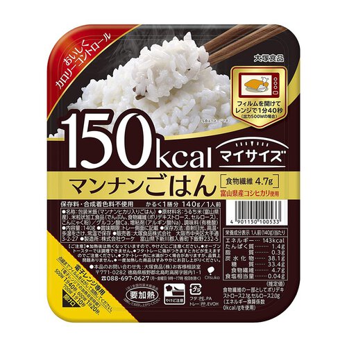 【富山県コシヒカリ使用 マイサイズ マンナンごはんの商品詳細】●富山県産コシヒカリとマンナンヒカリを使用した150Kcalのマンナンごはん。●食物繊維4.7g。●保存料、合成着色料不使用のパックごはん。【召し上がり方】・電子レンジ専用。点線までフィルムをはがして加熱してください。★電子レンジでの加熱目安時間500W：1分40秒、600W：1分20秒、700W：1分10秒【品名・名称】包装米飯(マンナンヒカリ入りごはん)【富山県コシヒカリ使用 マイサイズ マンナンごはんの原材料】うるち米(富山県産)、米粒状加工食品(でんぷん、食物繊維(ポリデキストロース、セルロース)、こんにゃく粉)／グルコン酸Ca、増粘剤(アルギン酸Na)、調味料(有機酸)【栄養成分】1人前(140g)当たりエネルギー：143kcal、たんぱく質：1.4g、脂質：0.3g、炭水化物：38.1g、糖質：33.4g、食物繊維：4.7g、食塩相当量：0.04g (推定値)食物繊維の一部としてポリデキストロース2.1g、セルロース2.0g(エネルギー：換算係数0kcal／gを使用)【アレルギー物質】無し【保存方法】直射日光、高温・多湿をさけ、常温で保存【注意事項】・加熱後は熱くなっていますので、やけどにご注意ください。・オーブントースターでは調理できません。・フタ・トレーに傷がつきますとカビが生えますのでご注意ください。・フタ・トレー内に水滴がつく場合がありますが、品質上問題ありません。・一度加熱した商品はすみやかにお召し上がりください。【原産国】日本【ブランド】マイサイズ【発売元、製造元、輸入元又は販売元】大塚食品広告文責株式会社マイドラ登録販売者：林　叔明電話番号：03-3882-7477