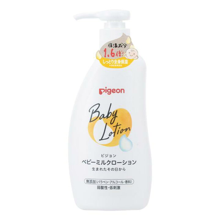 【ピジョン ベビーミルクローションの商品詳細】 ●生まれたての肌へのやさしさを考えた処方。 ●のびがよく、べたつかいない、乳液タイプのローションです。 ●おふろ上がりの全身保湿におすすめ。 ●家族みんなでたっぷり使える大容量タイプ 【使用方法】 ★ご使用方法 適量を手に取り、お肌になじませてお使いください。 【成分】 水、パルミチン酸エチルヘキシル、グリセリン、ワセリン、セテアレス-6、パルミチン酸ソルビタン、水添ナタネ油アルコール、セテアレス-20、セラミドNP、イソステアリン酸フィトステリル、グリチルリチン酸2K、エチルヘキシルグリセリン、キサンタンガム、(アクリレーツ／アクリル酸アルキル(C10-30))クロスポリマー、ジメチコン、水酸化K、フェノキシエタノール、トコフェロール 【注意事項】 ・お肌に異常が生じていないか、よく注意して使用する。 ・使用中、又は使用した肌に直射日光があたって、赤み・はれ・かゆみ・刺激・色抜け(白斑等)や黒ずみ等の異常が現れた場合は、使用を中止し、皮フ科専門医などへ相談する。そのまま使用を続けると症状が悪化することがある。 ・傷やはれもの、湿しん等異常のある部位には使わない。 ・目に入ったときには、すぐにきれいな水で洗い流す。 ・乳幼児の手の届かないところに保管する。 ・極端に高温や低温、多湿な場所、直射日光のあたる場所に置かない。 【発売元、製造元、輸入元又は販売元】 ピジョン ピジョン 103-8480 東京都中央区日本橋久松町4番4号 0120-741-887 広告文責 株式会社マイドラ 登録販売者：林　叔明 電話番号：03-3882-7477 ※パッケージデザイン等、予告なく変更されることがあります。ご了承ください。