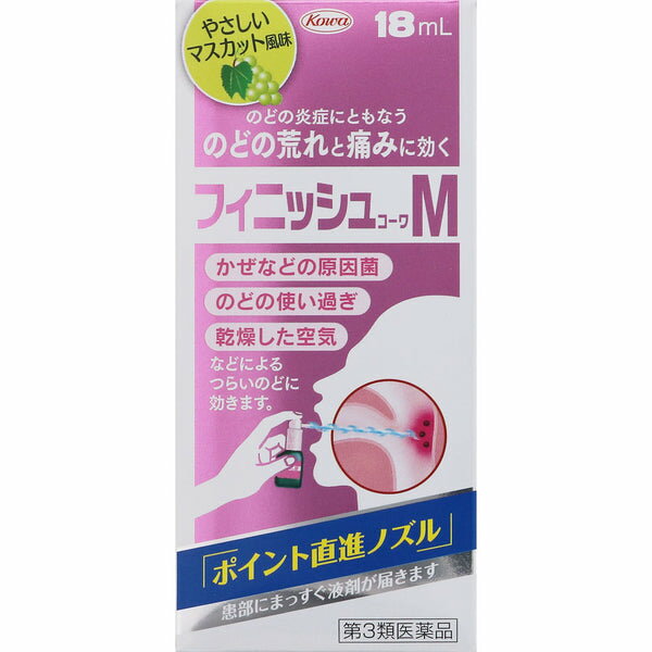 【医薬品の使用期限】 使用期限180日以上の商品を販売しております 製造元 興和 フィニッシュコーワMは，ノドやお口の中に，やさしいマスカットの風味がフワッとひろがるノド用治療薬です。フィニッシュコーワMをノドの患部にピュッピュッと噴射しますと，効きめの成分が患部に直接当たり，ノドを正常な状態に治してくれます。 かぜの場合には，ノドの粘膜に付着した細菌を直接退治して，ノドのハレと痛みをとります。 声を出しすぎてノドに負担をかけたり，汚染空気の刺激などによりノドを痛めた場合には，荒れてしまったノドが気持ちよく治ってまいります。 医薬品の使用期限 医薬品に関しては特別な表記の無い限り、1年以上の使用期限のものを販売しております。 1年以内のものに関しては使用期限を記載します。 名称 口腔咽喉薬 内容量 18ml 使用方法・用法及び使用上の注意 1日数回適量をのどの粘膜面に噴射塗布してください。 用法関連注意 （1）用法・用量を守ってください。 （2）息を吸いながら使用すると，液が気管支や肺に入ることがありますので，ノズルをのどの患部にむけて，ア〜ッと声を出しながら，ピュッピュッと2〜3回直射してください。 （3）目に入らないように注意してください。万一，目に入った場合には，すぐに水又はぬるま湯で洗い，直ちに眼科医の診療を受けてください。 （4）小児に使用させる場合には，保護者の指導監督のもとに使用させてください。 （5）塗布にのみ使用してください。 ■してはいけないこと （守らないと現在の症状が悪化したり，副作用が起こりやすくなります） 1．次の人は使用しないでください 　本剤又は本剤の成分によりアレルギー症状を起こしたことがある人。 2．長期連用しないでください ■相談すること 1．次の人は使用前に医師，薬剤師又は登録販売者に相談してください 　（1）妊婦又は妊娠していると思われる人。 　（2）授乳中の人。 　（3）薬などによりアレルギー症状を起こしたことがある人。 　（4）次の症状のある人。　口中のひどいただれ 　（5）次の診断を受けた人。　甲状腺機能障害 2．使用後，次の症状があらわれた場合は副作用の可能性がありますので，直ちに使用を中止し，この添付文書を持って医師，薬剤師又は登録販売者に相談してください ［関係部位：症状］ 皮膚：発疹・発赤，かゆみ 口：あれ，しみる，灼熱感，刺激感 消化器：吐き気 その他：不快感 　まれに次の重篤な症状が起こることがあります。その場合は直ちに医師の診療を受けてください。 ［症状の名称：症状］ ショック（アナフィラキシー）：使用後すぐに，皮膚のかゆみ，じんましん，声のかすれ，くしゃみ，のどのかゆみ，息苦しさ，動悸，意識の混濁等があらわれる。 3．5〜6日間使用しても症状がよくならない場合は使用を中止し，この添付文書を持って医師，薬剤師又は登録販売者に相談してください 効能・効果 のどの炎症によるのどのあれ・のどの痛み・のどのはれ・のどの不快感・声がれ 成分・分量 1mL中 成分 分量 ポビドンヨード 4.5mg 添加物 ヨウ化カリウム，グリセリン，エタノール，香料，l-メントール，フェニルエチルアルコール，プロピレングリコール 保管および取扱い上の注意 （1）高温をさけ，直射日光の当たらない涼しい所に密栓して保管してください。 （2）小児の手の届かない所に保管してください。 （3）他の容器に入れ替えないでください。（誤用の原因になったり品質が変わります。） （4）本剤が衣類や寝具などに付着し，汚れた場合にはなるべく早く水か洗剤で洗い落としてください。 （5）プラスチック類，塗装面等に付着すると変質することがありますので，付着しないように注意してください。 （6）火気に近づけないでください。 （7）液が出なくなったり，不衛生になりますので，キャップをしっかりはめ，ゴミが付着しないようにしてください。 （8）キャップをしたまま噴射すると，キャップを飲みこむおそれがありますので，必ずキャップをとってから噴射してください。 （9）使用期限（外箱及び容器に記載）をすぎた製品は使用しないでください。 発売元、製造元、輸入元又は販売元、消費者相談窓口 興和株式会社 東京都中央区日本橋本町三丁目4-14 電話：03-3279-7755（医薬品・化粧品） 原産国 日本 広告文責 株式会社マイドラ 登録販売者：林　叔明 電話番号：03-3882-7477 ※パッケージデザイン等、予告なく変更されることがあります。ご了承ください。