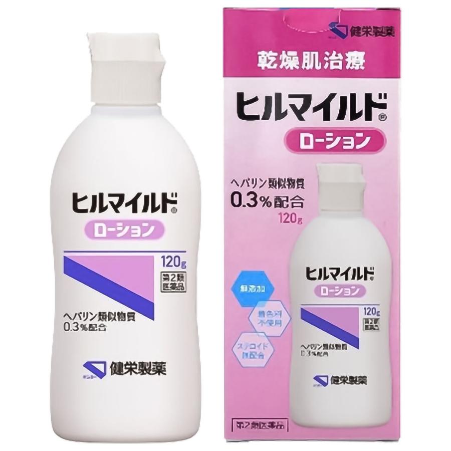 【医薬品の使用期限】 使用期限180日以上の商品を販売しております 【ヒルマイルド ローションの商品詳細】 ●ヘパリン類似物質は、乾燥肌の治療薬として長年使用されている保湿成分です。 ●人の肝臓で生成される糖類の一種「ヘパリン」に似た成分で、高い親水性と保水性が特徴です。 ●「保湿」「血行促進」「抗炎症」の3つの作用があり、子どもからお年寄りまで、全身に使用できます。 ●肌の乾燥や炎症、肌荒れなどの改善に有効に働きます。 【効能 効果】 手指の荒れ、ひじ・ひざ・かかと・くるぶしの角化症、手足のひび・あかぎれ、乾皮症、小児の乾燥性皮ふ、しもやけ(ただれを除く)、きず・やけどのあとの皮ふのしこり・つっぱり(顔面を除く)、打身・ねんざ後のはれ・筋肉痛・関節痛 【用法 用量】 1日1〜数回、適量を患部にすりこむか、又はガーゼ等にのばして貼ってください。 ★用法用量に関連する注意 (1)用法用量を厳守してください。 (2)小児に使用させる場合には、保護者の指導監督のもとに使用させてください。 (3)目に入らないように注意してください。万一、目に入った場合には、すぐに水又はぬるま湯で洗ってください。なお、症状が重い場合には、眼科医の診療を受けてください。 (4)外用にのみ使用してください。 【成分】 100g中 ヘパリン類似物質 0.3g含有 添加物：セトステアリルアルコール、白色ワセリン、グリセリン、2.2'.2''-ニトリロトリエタノール、軽質流動パラフィン、スクワラン、ステアリン酸ポリオキシル40、モノステアリン酸グリセリン、カルボキシビニルポリマー、パラオキシ安息香酸プロピル、パラオキシ安息香酸メチル 【注意事項】 ★使用上の注意 ・してはいけないこと (守らないと現在の症状が悪化したり、副作用が起こりやすくなります) 1.次の人は使用しないでください。 (1)出血性血液疾患(血友病、血小板減少症、紫斑病等)の人。 (2)わずかな出血でも重大な結果をきたすことが予想される人。(血液凝固抑制作用を有し出血を助長するおそれがあります。) 2.次の部位には使用しないでください。 目や目の周囲、粘膜(口腔、鼻腔、膣等)。 ・相談すること 1.次の人は使用前に医師、薬剤師又は登録販売者に相談してください。 (1)医師の治療を受けている人。 (2)薬などによりアレルギー症状を起こしたことがある人。 (3)湿潤やただれのひどい人。 2.使用後、次の症状があらわれた場合は副作用の可能性があるので、直ちに使用を中止し、この外箱を持って医師、薬剤師又は登録販売者に相談してください。 [関係部位：症状] 皮ふ：発疹・発赤、かゆみ、はれ、紫斑 3.5〜6日間使用しても症状がよくならない場合は使用を中止し、この外箱を持って医師、薬剤師又は登録販売者に相談してください。 ★保管及び取扱い上の注意 (1)直射日光の当たらない湿気の少ない涼しい所に密栓して保管してください。 (2)小児の手の届かない所に保管してください。 (3)他の容器に入れ替えないでください。(誤用の原因になったり品質が変わることがあります。) (4)使用期限を過ぎた製品は使用しないでください。 【原産国】 日本 【発売元、製造元、輸入元又は販売元】 健栄製薬 広告文責 株式会社マイドラ 登録販売者：林　叔明 電話番号：03-3882-7477 ※パッケージデザイン等、予告なく変更されることがあります。ご了承ください。