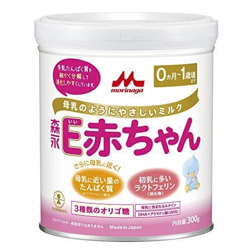 【森永 E赤ちゃん 小缶の商品詳細】 ●たんぱく質含量の変更による乳児の消化負担の軽減や、3種類のオリゴ糖を配合(「ラクチュロース」「ラフィノース」に加えて「ガラクトオリゴ糖」を新規配合)で、更に母乳に近く消化がよくなりました。 ●0ヵ月から 【品名・名称】 調製粉乳 【森永 E赤ちゃん 小缶の原材料】 乳糖、調整脂肪(パーム油、パーム核油、ヒマワリ油、サフラワー油、エゴマ油)、乳清たんぱく質消化物、でんぷん分解物、カゼイン消化物、ガラクトオリゴ糖液糖、乳糖分解液(ラクチュロース)、ラフィノース、精製魚油、アラキドン酸含有油、ラクトフェリン消化物、L-カルニチン、酵母／レシチン(大豆由来)、炭酸カルシウム、塩化マグネシウム、リン酸三カルシウム、塩化カリウム、ビタミンC、炭酸ナトリウム、塩化カルシウム、リン酸水素二カリウム、コレステロール、L-チロシン、イノシトール、ピロリン酸第二鉄、炭酸カリウム、タウリン、硫酸亜鉛、シチジル酸ナトリウム、パントテン酸カルシウム、ビタミンE、ニコチン酸アミド、ウリジル酸ナトリウム、硫酸銅、5'-アデニル酸、ビタミンA、イノシン酸ナトリウム、グアニル酸ナトリウム、ビタミンB2、ビタミンB6、ビタミンB1、葉酸、β-カロテン、カロテノイド、ビオチン、ビタミンD3、ビタミンB12 【栄養成分】 100gあたり エネルギー：512kcal、たんぱく質：10.5g、脂質：27.0g、コレステロール：46mg、炭水化物：57.5g、食塩相当量：0.36g、ビタミンA：410μg、ビタミンB1：0.35mg、ビタミンB2：0.7mg、ビタミンB6：0.3mg、ビタミンB12：1.5μg、ビタミンC：60mg、ビタミンD：6.5μg、ビタミンE：10.0mg、ビタミンK：25μg、ナイアシン：3.5mg、パントテン酸：4.0mg、ビオチン：15μg、葉酸：100μg、亜鉛：3.0mg、カルシウム：380mg、カリウム：495mg、セレン：7μg、鉄：6.0mg、銅：0.32mg、マグネシウム：45mgマンガン：0.024mg、リン210mg ラクトフェリン消化物50mg、リノール酸3.0g、α-リノレン酸：0.4g、アラキドン酸(ARA)：35mg、ドコサヘキサエン酸(DHA)：70mg、リン脂質：800mg、スフィンゴミエリン：50mg、ラクチュロース：300mg、ラフィノース：500mg、ガラクトオリゴ糖：500mg、イノシトール：60mg、L-カルニチン：12mg、β-カロテン：45μg、コリン：60mg、シスチン：185mg、タウリン：20mg、ヌクレオチド：8mg、ルテイン：15〜38μg、塩素：310mg、灰分：2.3g、水分：2.7g 【アレルギー物質】 乳成分、大豆 【保存方法】 直射日光を避け、乾燥した涼しい清潔な場所に保管してください。 【原産国】 日本 【ブランド】 E赤ちゃん 広告文責 株式会社マイドラ 登録販売者：林　叔明 電話番号：03-3882-7477 ※パッケージデザイン等、予告なく変更されることがあります。ご了承ください。