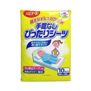 【ハビナース 手間なしぴったりシーツの商品詳細】 ●尿モレが気になる時に、これ1枚でしっかり防水！ ●ふとんをしっかり覆う安心サイズ。90cmX60cmの大判サイズで万が一おむつからモレてしまったときにも安心 ●大容量の吸収量。多量のモレのときもおしっこ4回分をしっかり吸収します。 ●しっかり接着。寝返りをしてもシャカシャカした音が気になりません。 ●ズレ防止テープ。ズレ防止テープがついているのでシーツにしっかり固定、ズレません。 ●ブルーの吸収面。尿がモレてしまっても尿染みが目立ちません。 ●消臭ポリマー配合 【使用方法】 (1)吸収する面(ブルーの面)が内側になるように長いほうの辺を二つ折りにします。 (2)身体を横向きにし、背中側に二つ折りにした「手間なしぴったりシーツ」を敷きます。この時、おしりが「手間なしぴったりシーツ」の中心になるように敷きます。 (3)身体をゆっくりと反対側にむけ、背中側にある二つ折りになった「手間なしぴったりシーツ」を引き出し、広げます。 (4)「手間なしぴったりシーツ」がベッドの幅の中央にくるように整えます。 (5)「手間なしぴったりシーツ」裏側にあるズレ防止テープの剥離紙をはがし、ベッドにしっかり固定してください。 【サイズ】 90cmX60cm 【材質】 表面材・・・ポリオレフィン系不織布 吸収材・・・綿状パルプ、吸水紙、高分子吸水材 防水材・・・ポリエチレンフィルム 結合材・・・ホットメルト粘着剤 止着材・・・ホットメルト粘着剤 (外装材)・・・ポリエチレン 【使用上のご注意】 ・汚れた防水シーツは早くとりかえてください。 ・テープは直接お肌につけないでください。 ・誤って口に入れたり、のどにつまらせることのないよう保管場所に注意し、使用後はすぐに処理してください。 ・シーツを強く引っ張りますと破れる恐れがあります。 ・本製品はハサミなどで切らないでそのままご使用ください。汚れやモレの原因になります。 ・本製品は紙おむつではありません。おむつとの併用をお勧めします。 ・使用後の「手間なしぴったりシート」の廃棄方法(燃えるゴミ・燃えないゴミ)については、お住まいの地域ルールに従ってください。 【保管上の注意】 ・開封語は、ほこりや虫が入らないよう、衛生的に保管してください。 【使用後の処理】 ・汚れた部分を内側にして丸めて、不衛生にならないように処理してください。 ・トイレに防水シーツを捨てないでください。 ・使用後の防水シーツの廃棄方法は、お住まいの地域のルールに従ってください。 【発売元、製造元、輸入元又は販売元】 ピジョン タヒラ 広告文責 株式会社マイドラ 登録販売者：林　叔明 電話番号：03-3882-7477 ※パッケージデザイン等、予告なく変更されることがあります。ご了承ください。