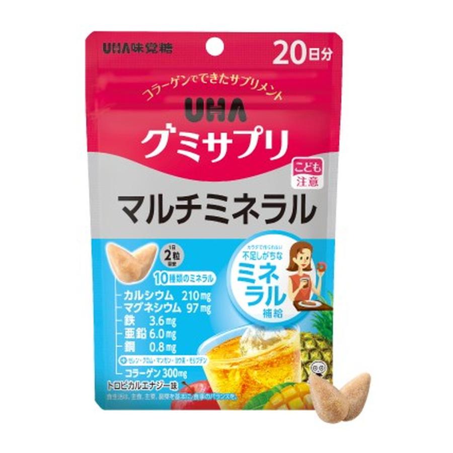 名　称 UHA味覚糖　グミサプリ　マルチミネラル　20日分 内容量 40粒 特　徴 カラダで作られない不足しがちな10種類のミネラルが補給できる！ 食生活の偏りが気になる方や、乳製品や海藻類が不足しがちな方におすすめです。 栄養機能食品 カルシウム、マグネシウム、鉄、亜鉛、銅 原材料 砂糖（タイ製造）、水飴、コラーゲン、濃縮果汁（りんご、パイナップル、マンゴー）、加工油脂、ぶどう糖、マンガン含有酵母末、澱粉、亜鉛含有酵母末、銅含有酵母末、モリブデン含有酵母末、ヨウ素含有酵母末、セレン含有酵母末、クロム含有酵母末/貝カルシウム、酸味料、甘味料（ソルビトール、アセスルファムK、ソーマチン、スクラロース）、水酸化マグネシウム、香料、グルコン酸亜鉛、ゲル化剤（増粘多糖類）、着色料（カロチノイド、カラメル）、ピロリン酸第二鉄、乳化剤、炭酸カルシウム、グルコン酸銅、V.B1、（一部にオレンジ・大豆・りんご・ゼラチンを含む） ●原材料に含まれるアレルギー物質(特定原材料及びそれに準ずるもの) オレンジ・大豆・りんご・ゼラチン 栄養成分表示 2粒(標準7.2g)当たり エネルギー：20kcal たんぱく質：0.3g 脂質：0.1g 炭水化物：4.8g 食塩相当量：0.005g カルシウム：210mg（30％） マグネシウム：97mg（30％） 鉄：3.6mg（52％) 亜鉛：6.0mg（68％） 銅：0.8mg（88％） セレン：0.2μg クロム：0.1μg マンガン：0.01mg ヨウ素：0.7μg モリブデン：0.1μg コラーゲン： 300mg （％）は栄養素等表示基準値2020（18歳以上、基準熱量2,200kcal）に占める割合です。 お召し上がり方 1日2粒を目安に噛んでお召し上がりください。開封後は、チャックをしっかり閉めてお早めにお召し上がりください。 区　分 栄養機能食品/ミネラル含有食品/日本製 ご注意 ◆本品記載の使用法・使用上の注意をよくお読みの上ご使用下さい。 販売元 味覚糖株式会社　奈良県大和郡山市今国府町137-5 お問い合わせ　電話：0120-557-108 広告文責 株式会社マイドラ 登録販売者：林　叔明 電話番号：03-3882-7477 ※パッケージデザイン等、予告なく変更されることがあります。ご了承ください。