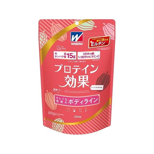 【森永製菓 プロテイン効果 森永ココア味の商品詳細】 ●運動でキレイな理想のボディラインを目指す女性におすすめのプロテインです。 ●大豆タンパク質15g配合(製品22g当たり) ●タンパク含有率70％と高タンパク質で効率的にタンパク質を摂取できます。 ●1／2日分のビタミンC、1日分の鉄を配合 (製品22g当たり「1／2日分」「1日分」は栄養素等表示基準値2015を目安にしています。) ●プロテインと同時摂取でプロテインの働きを強めるEルチン(酵素処理ルチン)配合 (製品22g当たり42mg配合) ●おすすめの摂取タイミングは朝食時と運動後です。 【召し上がり方】 付属スプーン3杯(約20g) 水または牛乳200mlに溶かしてすみやかにお飲みください。 【品名・名称】 たんぱく食品（プロテインパウダー） 【森永製菓 プロテイン効果 森永ココア味の原材料】 大豆たんぱく(国内製造)、ココアパウダー、砂糖、食用油脂／香料、乳化剤、甘味料(アスパルテーム・L-フェニルアラニン化合物、スクラロース)、V.C、酵素処理ルチン、ピロリン酸鉄、V.E、ナイアシン、パントテン酸Ca、V.B6、V.B2、V.B1、葉酸、V.B12 、(一部に乳成分・大豆を含む) 【栄養成分】 1食分(22g)当たり エネルギー82kcal、たんぱく質15.6g、脂質1.2g、炭水化物2.7g(糖質0.9〜2.1g、食物繊維0.7〜1.8g)、食塩相当量0.18〜0.84g、鉄7.0mg、ナイアシン8.8mg、パントテン酸2.6mg、ビタミンB1 0.51mg、ビタミンB2 0.59mg、ビタミンB6 0.62mg、ビタミンB12 0.8〜2.0μg、ビタミンC63mg、ビタミンE2.6mg、葉酸140μg たんぱく質無水物換算値16.3g、酵素処理ルチン42mg 【アレルギー物質】 乳・大豆 【保存方法】 高温・多湿を避けて保存してください 【注意事項】 ・別売りのウイダープロテインシェーカーでシェイクすると、さらに溶けやすくなります。 ・原料の大豆たんぱくは、遺伝子組換え作物が混入しないように管理されたものを使用しています。 ・開封後はチャックをしっかり閉めて、お早めにお召し上がりください。また、ぬれたスプーンを袋に入れないでください。 ・この製品は袋を熱接着で密封包装しています。 ・卵を含む製品と共通の設備で製造しています。 【原産国】 日本 【ブランド】 ウイダー(Weider) 【発売元、製造元、輸入元又は販売元】 森永製菓(ウイダー製品) 広告文責 株式会社マイドラ 登録販売者：林　叔明 電話番号：03-3882-7477 ※パッケージデザイン等、予告なく変更されることがあります。ご了承ください。