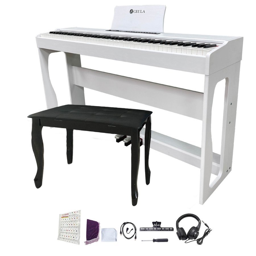 CEULA 電子ピアノ 88鍵 ホワイト ブルートゥース MIDI機能 グレードハンマー3鍵盤 3本ペダル2人掛けイス【PSE認証済】（ホワイト本体+イス）