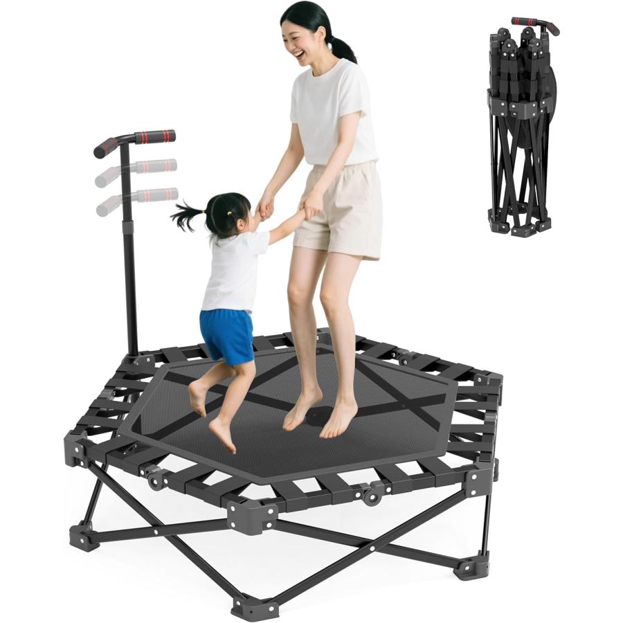 トランポリン 室内 折りたたみ式 静音設計 手すり付き 3段階調節 トレーニング エクササイズ 耐荷重150..