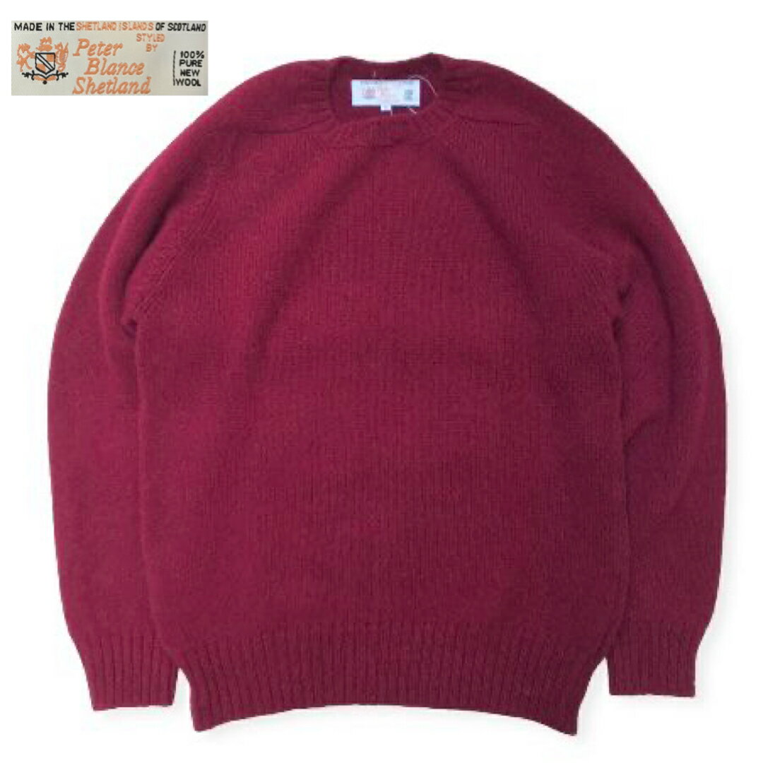 スコットランド製 送料無料 PETER BLANCE 595-MAROON SADDLE CREW SWEATER シェットランドウール クルーネックセーター メンズ(男性用)