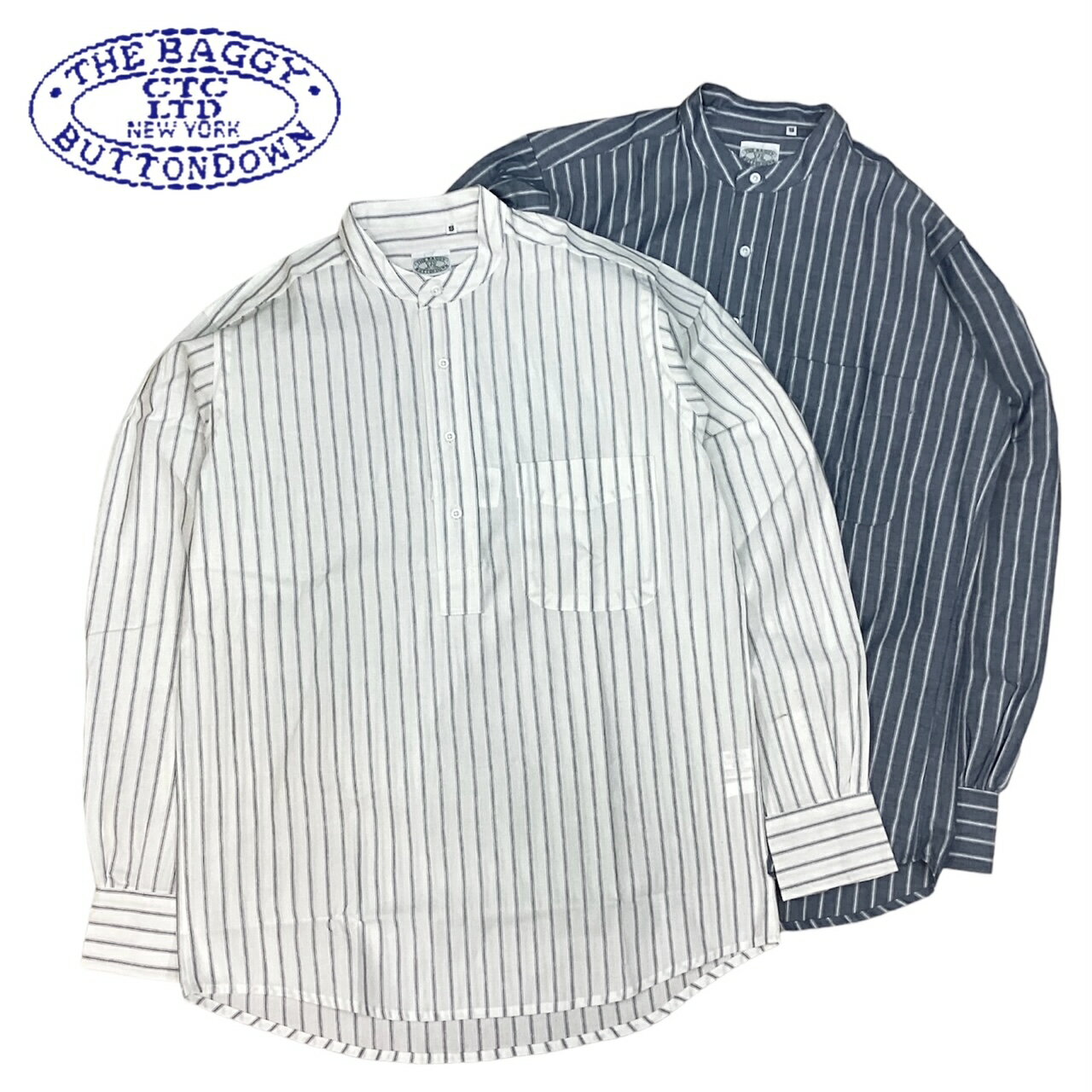 Railroad Stripe Chambray Popover Band Collar Shirt 20240302223225: Natural, Blue