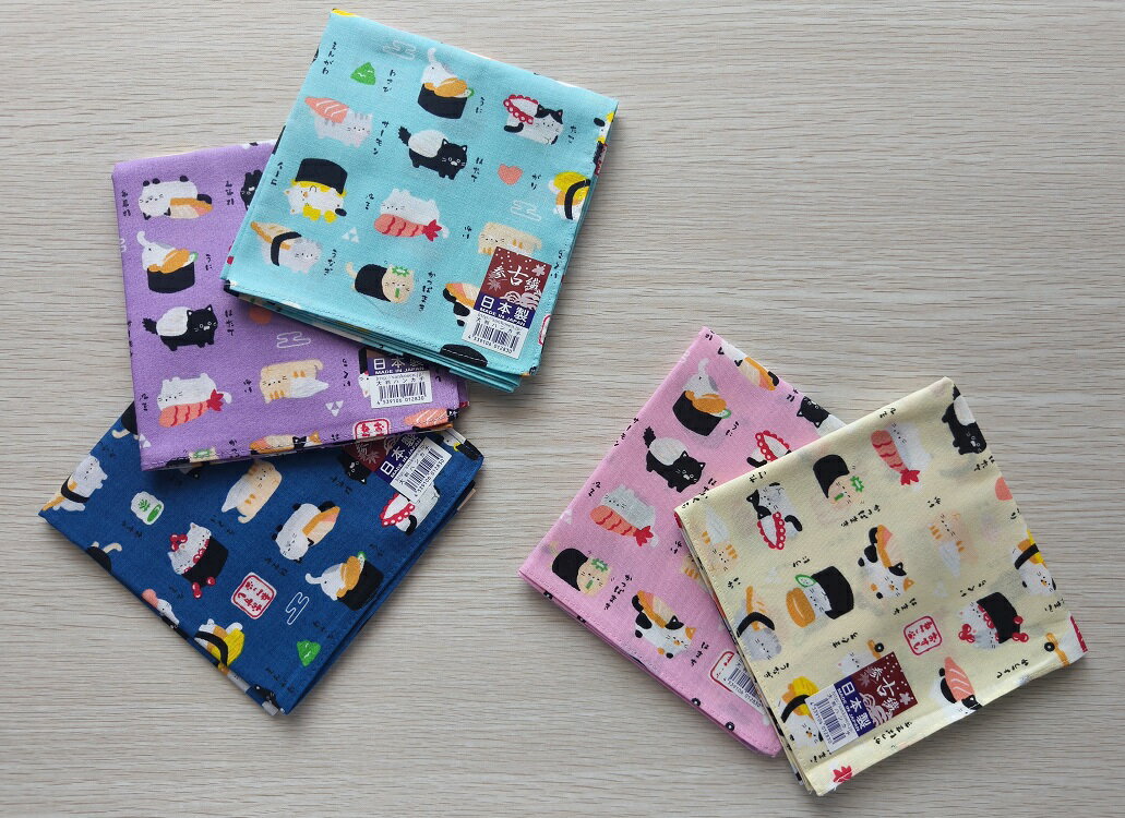 舞龍堂　参古繊　寿司ねこ　かわいい　動物柄　和柄　綿100％　大判ハンカチ　日本製 　メール便で送料..