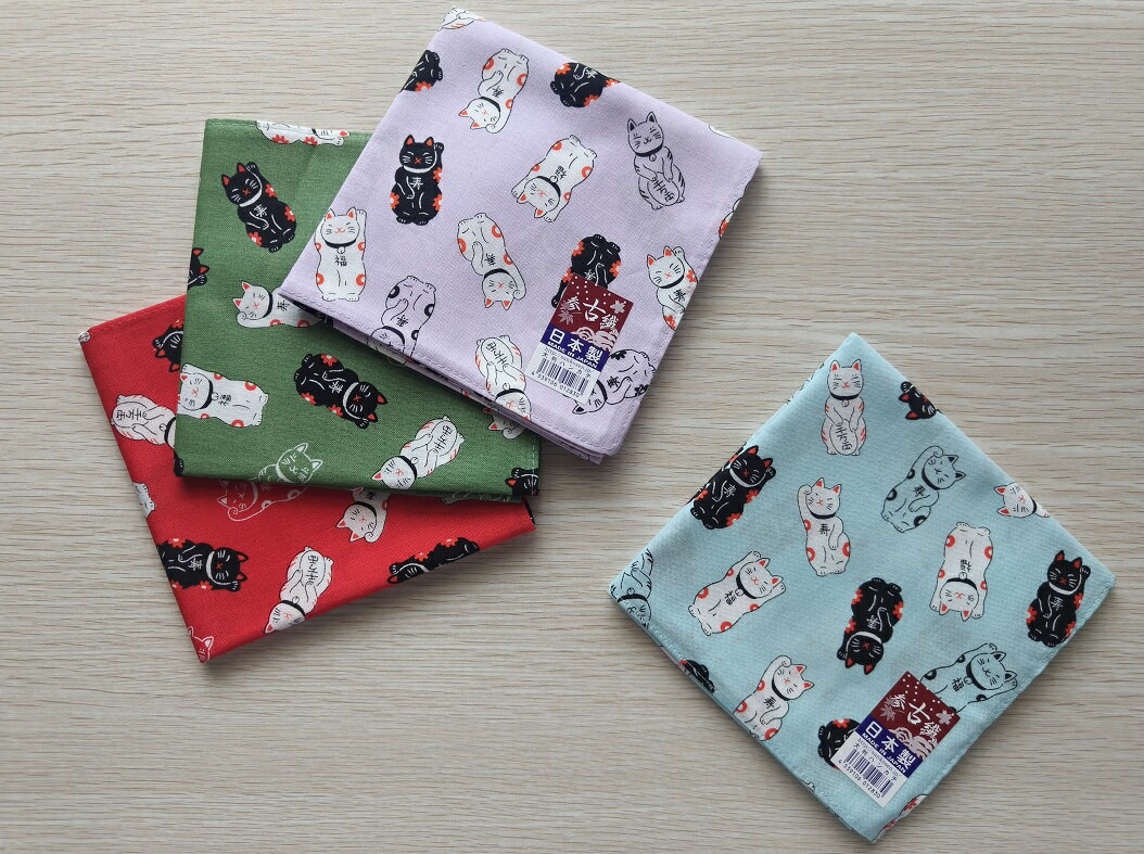 舞龍堂　参古繊　招き猫　動物柄　和柄　綿100％　大判ハンカチ　日本製 　メール便で送料無料