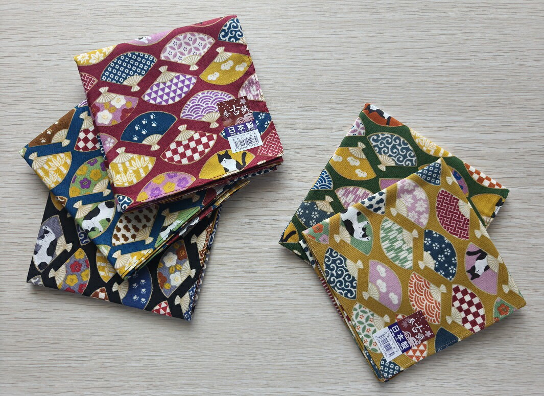 舞龍堂　参古繊　扇子とねこ　和柄　綿100％　大判ハンカチ　日本製 　メール便で送料無料