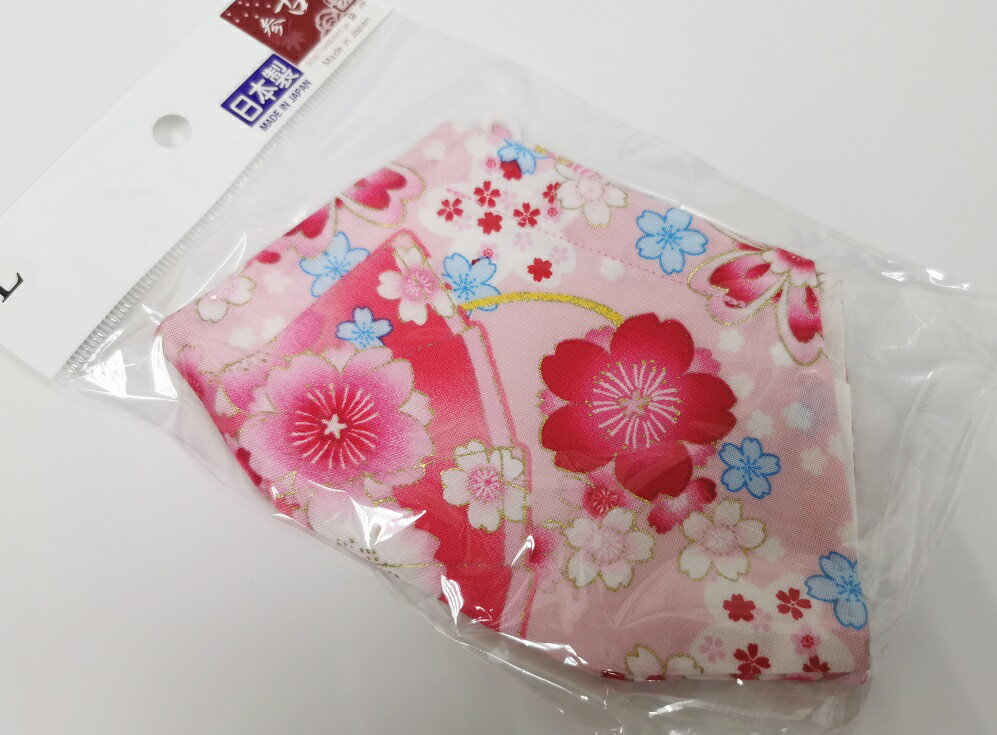 舞龍堂　参古繊　綿100％　マスク 　花と扇子　花柄　日本製　Lサイズ