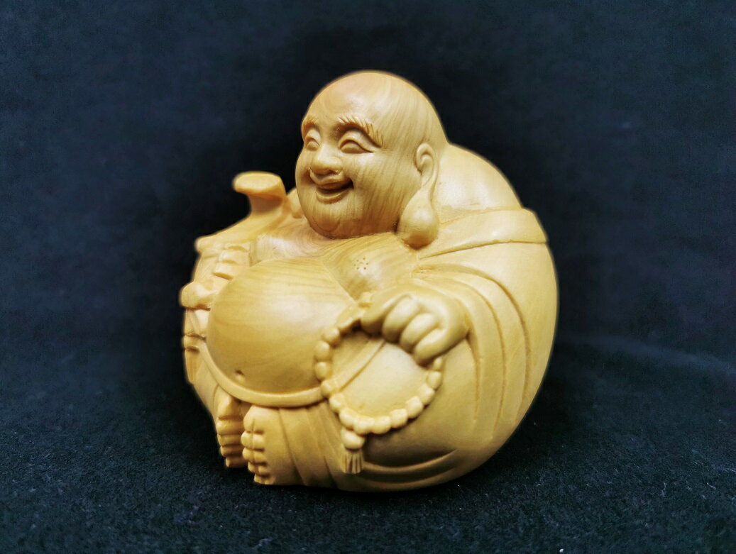 舞龍堂　仏像　円満布袋 (Mサイズ)　布袋様　黄楊　ツゲ　天然木　木彫り　一本彫　縁起物　開運招福　置物
