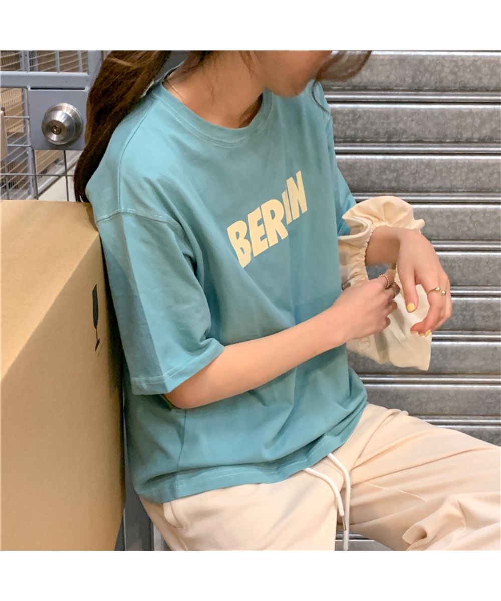 淡いカラーが可愛い英字プリントルーズTシャツ ラージ ゆったり 半袖 フロントプリント カジュアル 春 春服 韓国ファッション 3