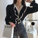 ベルスリーブがかわいいフリルカラーブラウス レース Vネック ビッグカラー ガーリー フロントフリル 透け感 薄手 オフィスカジュアル 大人っぽい 可愛い 綺麗 夏 夏服 韓国ファッション 結婚式 フォーマル オフィス