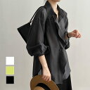 フリル感のあるデザインが華やかなアシンメトリービッグシャツ ブラウス 長袖 大きめ ゆったり 無地 前開き きれいめ 大人 カジュアル 結婚式 フォーマル オフィス 夏 韓国ファッション