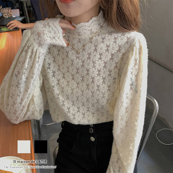 女性らしいレースデザインが映えるブラウス かわいい ハイネック シャツ 冬 冬服 韓国ファッションのサムネイル