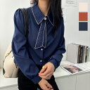 エレガントなバイカラーボウタイデザインブラウス 夏 外国風 トップス 長袖 華やか オフィス きれいめ 結婚式 フォーマル オフィス 韓国ファッション