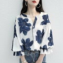 シックなカラーが大人っぽいバルーンスリーブ花柄シフォンブラウス 夏 ボリューム袖 トップス 華やか オシャレ フリル