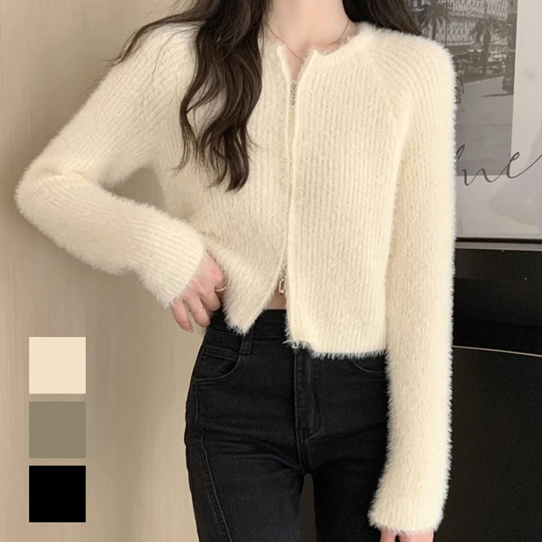 シャギー ジップ 上下ジップ ニット ショート丈 韓国 ファッション カーデ シャギーニット カーディガン ショート丈 モヘアカーディーガン y2kファッション 韓国 ジップアップ モヘアニット