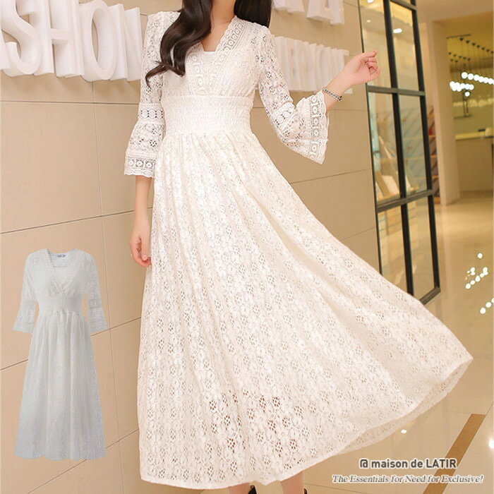 レース ロング ワンピース フェミニン 透け感 Vネック ハイウエスト 切替し 体型カバー夏 夏服 