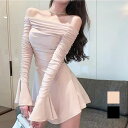 キュートで女性らしさ満点のフレアスリーブオフショルミニワンピース きれいめ 大人可愛い 長袖 女性らしい フェミニン 韓国ファッション トレンド パーティー 結婚式 フォーマル オフィス パンツ ドレス